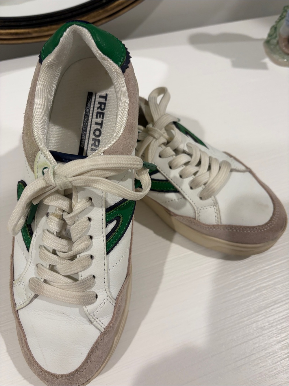 Tretorn White Sneakers with Green Stripe and Beige Suede